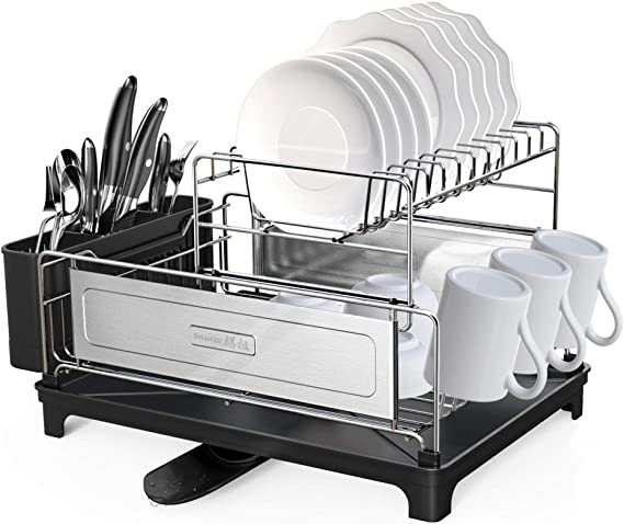 SHAN ZU Dish Drying Rack 2-Tier, Compact Kitchen Dish Rack with Drain Board Utensil Holder Non-Slip Cup Holders 304 Stainless Steel Modern Dishes Drainer Dish Organizer Rack 26.8×30.5×41.5 cm