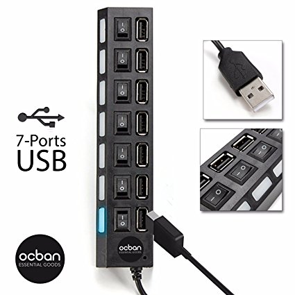 7 Port USB 2.0 Hub with Individual Power Switches and LEDs On Off Switch Design Slim Compact Lightweight Fast Communication For PC Linux Mac Windows Smarts Tvs Accessory Travel Great Price OCBAN