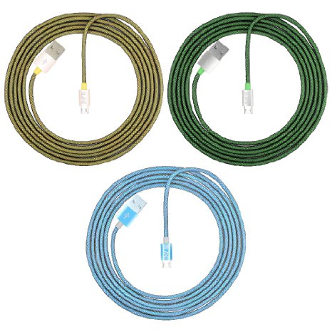 DLAND [3-Pack] 3 Colors Fashion Fishnet Braided Nylon Micro USB Cable USB Charge Data Charge Micro USB to USB, 6.5 feet(2.0 Meters) -Tangle Free Heavy Duty Charger Cable Cord for Samsung, HTC, Motorola, Nexus, Nokia, LG, HP, Sony, Blackberry and Many More [Green,Blue,Yellow]