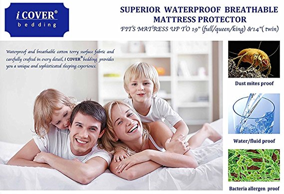 Full Size Mattress Cover iCOVER Hypoallergenic Cotton Terry Waterproof, Dust Mite Proof, Bed Bugs Proof, Bacteria Proof, Breathable, machine washable, 19 inch deep pocket Mattress Protector MP1103