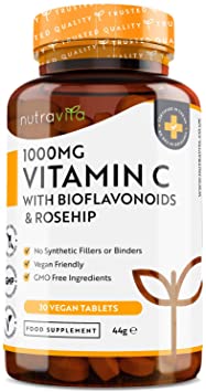 Vitamin C with Rosehip & Bioflavanoids 1000mg - 30 Day Supply - Contributes to The Normal Function of The Immune System - Made in The UK by Nutravita