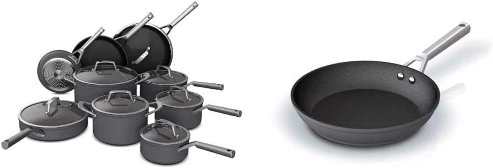 Ninja C39900 Foodi NeverStick Premium 16-Piece Cookware Set, Hard-Anodized, Nonstick, Durable & Oven Safe to 500°F, Slate Grey & C30026 Foodi NeverStick Premium 10.25 Inch Fry Pan, Slate Grey