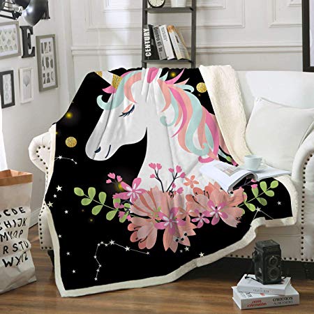 Sleepwish Unicorn and Sparkling Stars Print Super Soft Throw Blanket for Bed Couch Sofa Sherpa Fleece Lined Blanket Black Pink Floral Lightweight Travelling Camping Blanket for Girls Baby(30"x40")
