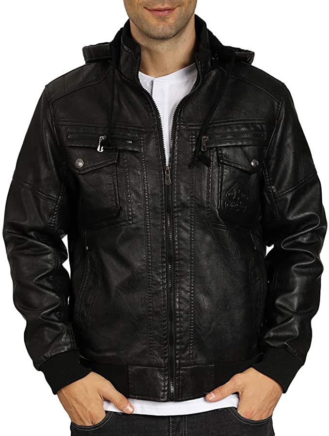 WULFUL Men's Faux Leather Jacket with Removable Hood Winter Vintage Leather Coat