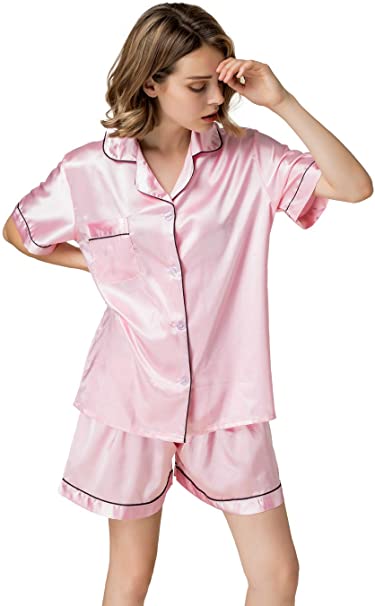 NANJUN Women's Silky Satin Pajamas Sleepwear Short and Long Button-Down Pj Set