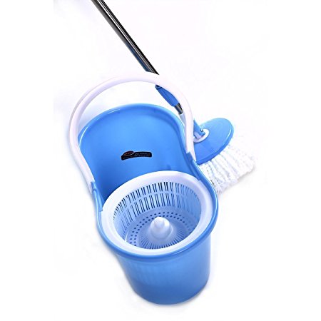 Goplus® 360° Easy Clean Floor Mop Bucket 2 Heads Microfiber Spin Rotating Head Blue