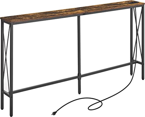 ELYKEN Console Table with Power Outlet, 63” Narrow Sofa Table for Living Room, Long Slim Table with Charge Station and 6.5’ Extension Cord, Rustic Brown Couch Table with Metal Frame