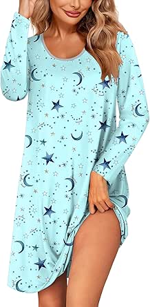 Ekouaer Womens Long Sleeve Nightgowns Sleep Shirts Cute Pajama Dress Casual Sleepwear Printed Nightshirts Tshirt Dress S-2XL