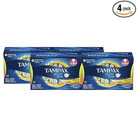 Tampax Pocket Pearl Plastic Tampons Regular/Super/Super Plus Multipack, Unscented, 34 Count, 4 Boxes, (Total 136 Count)