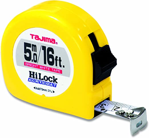 TAJIMA Tape Measure - 16 ft / 5m x 1 inch Hi-Lock Measuring Tape with Dual Metric/Standard Scale & Acrylic Coated Blade - HL-16/5MBW