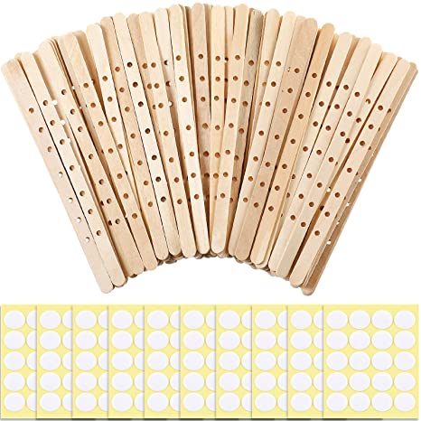 100 Pieces Wooden Candle Wick Holders and 200 Pieces Candle Wick Stickers, Candle Wick Centering Device, Candle Wick Bars for DIY Candle Making Wick Clips Centering Tools