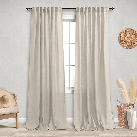 KOUFALL Linen Back Tab Rod Pocket Tan Beige Sheer Curtains 52x90 Inch Length for Bedroom Living Room