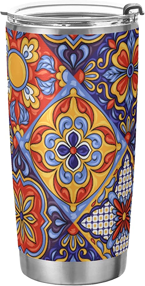 JUMBEAR 20 oz Mexican Talavera Stainless Steel Tumbler with Leakproof Lid and Straw, Double Wall Vacuum Insulated Travel Coffee Mug for Hot & Cold Drinks
