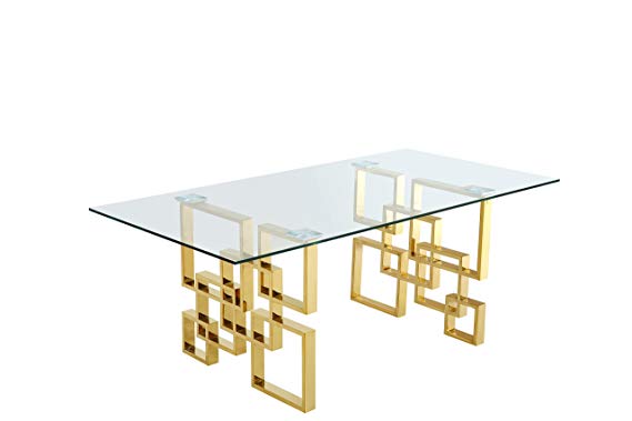 Meridian Furniture 714-T Pierre Contemporary Style 78" Rectangular Dining Room Table with Rich Gold Stainless Steel Geometric Base and Glass Top, Gold