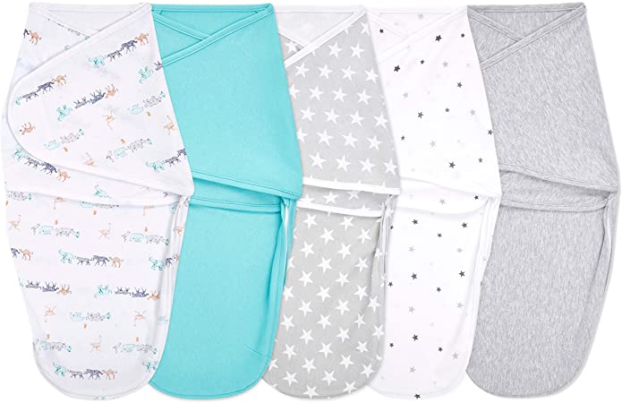 aden   anais Essentials Easy Wrap Swaddle, Cotton Knit Baby Wrap, Newborn Wearable Swaddle Sleep Sack, 5 Pack, Starlit, 0-3 Months