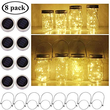 Cynzia Solar Mason Jar Lights, 8 Pack 10 LED Waterproof Fairy Star Firefly String Lights with 8 Hangers (Jar Not Included), for Mason Jar Garden Wedding Christmas Party Decor(Warm White)