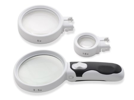 MAGNIFYING GLASS SET with LED LIGHTS - 3 Interchangeable Lenses - Low, Medium, High Power, 2.5x, 5x, 16x Magnification - Handheld Illuminated Magnifier - Reading, Jewelry, Coin, Stamp, Hobby