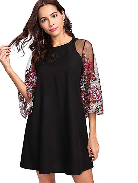 DIDK Women's Tunic Dress with Embroidered Floral Mesh Bishop Sleeve