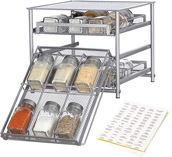 NEX Spice Rack Organizer for Cabinet, 3 Tier 18-Bottle Spice Drawer Storage for Kitchen Countertop, Metal, Silver