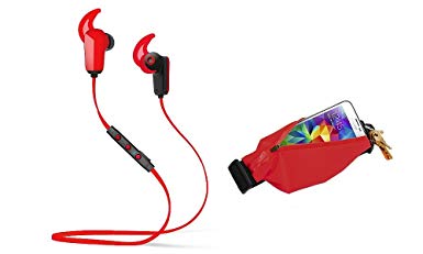 Sport Earbuds, Revjams Active PLUS Wireless Earphones Sweatproof Bluetooth Headphones Noise Cancelling Earbud Headset w/ Universal Workout, Gym, Hiking, Exercise Running Belt [Fitness Bundle] - Red