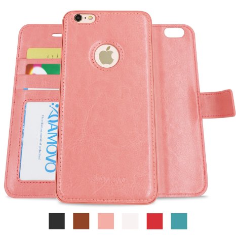 Amovo iPhone 6s Case, iPhone 6 Case [Detachable Wallet Folio] [2 in 1] [Premium Vegan Leather] iPhone 6s Wallet Case with Gift Box Package (Coral Pink)