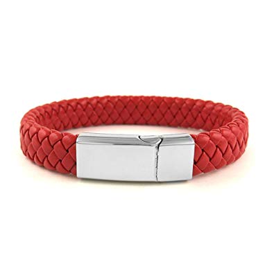 Yeidid International Mens Womens Stainless Steel Red Braided Leather Thick Magnetic Lock Bracelet