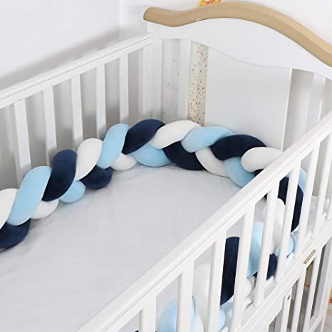 Lion Paw Crib Bed Bumper Pillow Cushion 78.7in Crib Sides Protector Infant Cot Rails Newborn Gift Knotted Braided Plush Nursery Cradle Decor (White-Blue-Dark Blue 78.7in)
