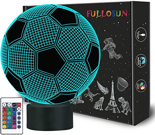 Kids Night Light Football 3D Optical Illusion Lamp with Remote Control 16 Colors Changing Soccer Birthday Xmas Valentine's Day Gift Idea for Sport Fan Boys Girls