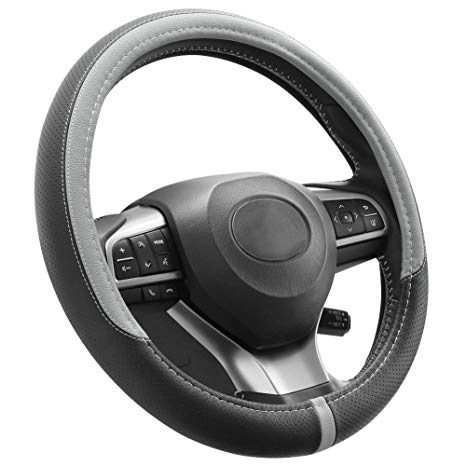COFIT Breathable and Non Slip Microfiber Leather Steering Wheel Cover Universal 15 Inch - Gray and Black