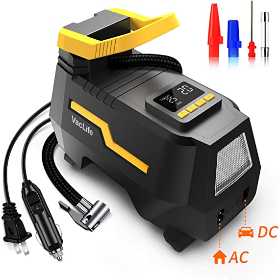 VacLife Tire Inflator for Home (110V) and Car (12V), AC/DC Portable Air Compressor for Car Tires, Bicycles and Other Inflatables, Digital Air Pump with LED Light & Long Power Cords (VL708)