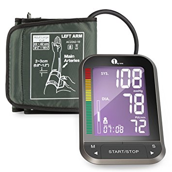 1byone Upper Arm Blood Pressure Monitor with Easy-to-Read Backlit LCD, One Size Fits All Cuff, Nylon Storage Case, Black