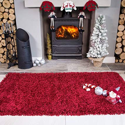 Ontario Wine Red Fireside Fireplace Mantelpiece Hearth Shaggy Shag Fluffy Living Room Area Rug