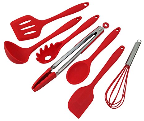 SimplexSilicone Classic 7-Piece Premium Non-Stick Silicone Kitchen Utensil Set, Heat Resistant Cooking Utensils with Hygienic Solid Coating - Includes: Spoon, Spatula, Pasta Fork, Turner, Ladle, Tongs, and Whisk, Set of 7 (Apple Red)