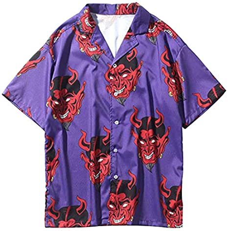 Aelfric Eden Short Sleeve Hawaiian Shirt Japanese Harajuku Shirt Button Down Summer Devil Print Tops Shirts