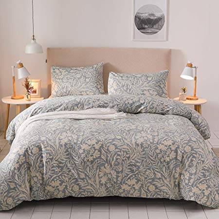 Colourful Snail 100-Percent Natural Washed Cotton Antique Boho Floral Pattern Duvet Cover Set, Bohemian Style, Ultra Soft and Easy Care, Fade Resistant, Queen/Full