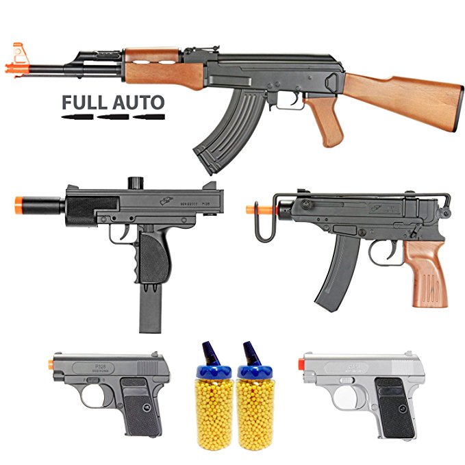 BBTac Airsoft Gun Package - Guerilla Collection of 5 Airsoft Guns - Full Auto AK AEG Electric Airsoft Rifle, Skorpion, Uz and Dual Mini Pistols, 4000 BB Pellets, Great for Starter Pack Game Play