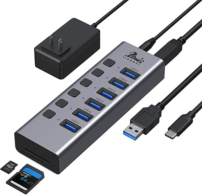 Universal Powered USB 3.0 Hub, Aluminum USB Splitter with 6 USB 3.0 Data Ports, SD/TF Card Readers,Individual Power Switches,5V/4A Power Adapter, for PC, Laptops,MacBook Pro/Air/Mini,Surface Pro,HP