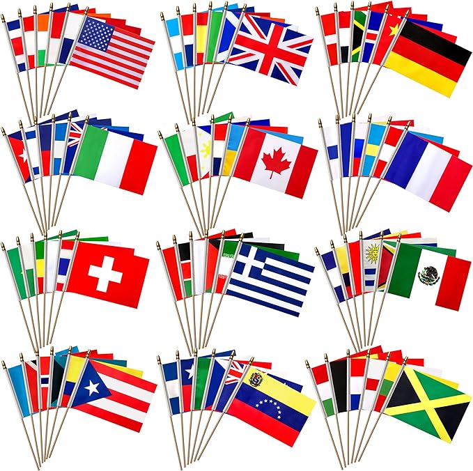 LoveVC 100 Countries International World Flags on Wooden Stick Small Mini Hand Held Flags for Sports Events,International Festival,5x8 Inch