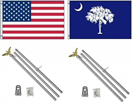 Moon 3x5 USA American & State of South Carolina Flag & 2 Aluminum Pole Kit Sets 3x5 - Vivid Color and UV Fade Resistant - Prime Outside Garden Home Decor