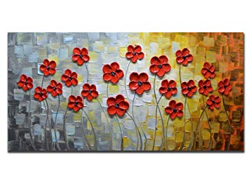 Asdam Art Red Daisy Painting 3D Flower Oil Paintings Abstract Art Landscape Artwork 100% Hand painted Pictures Wall Art (24X48 inch)