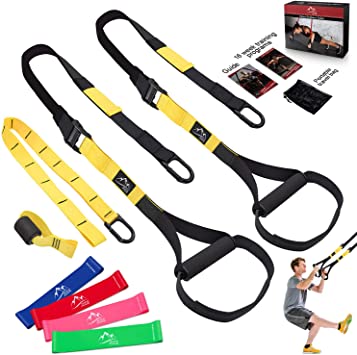 JDDZ Bodyweight Resistance Training Straps, Complete Home Gym Fitness Trainer kit for Full-Body Workout, Included Door Anchor, Extension Strap, 16 Week Program, Fitness Guide and 4 Bands