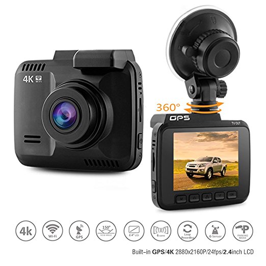 Dash Cam Car DVR Dashboard Camera Recorder with 4K FHD, Built-In WiFi & GPS, APP Support, G-Sensor, 2.4" LCD, 150 Degree Wide-Angle Lens, Loop Recording, Night Mode, Parking Monitoring By Kidcia