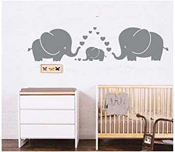 MAFENT(TM) Three Cute Elephants Parents and Kid Family Wall Decal with Hearts Wall Decals Baby Nursery Decor Kids Room Wall Stickers (Grey)