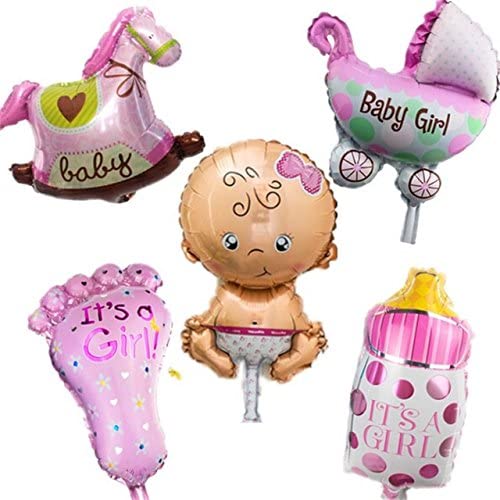 AnnoDeel 5 Pcs Baby Pink Party Balloons, 14inch Baby Shower Party Foil Baby Boy Girl Balloons Birthday Party Decoration