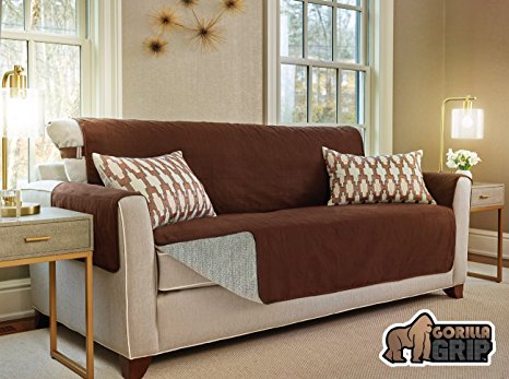 The Original GORILLA GRIP Non-Slip Furniture Protector, Cover Suede-Like Material, Slip Reducing Backing, Two 2" Thick Straps, and Two Seat Anchors (Sofa: Brown)