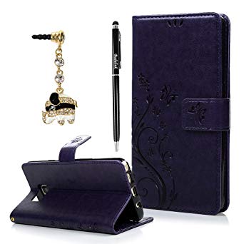 Note 5 Case,Samsung Galaxy Note 5 Case - Badalink Fashion Wallet PU Leather with Embossed Flowers Butterfly [Card Holders] Flip Cover with Hand Strap & 3D Cute Elephant Dust Plug & Stylus Pen - Purple