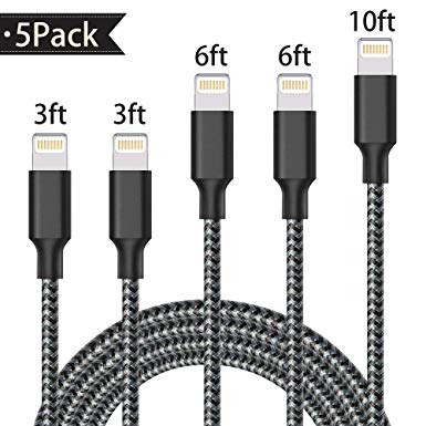 AOFU iPhone Cable Lightning Cable 5 Packs 2x3FT 2x6FT 10 FT Nylon Braid Cord Lightning Cable Certified to USB Cable Charger for iPhone X/8/8 plus/7/7 Plus/6/6 plus, iPad iPod etc[Black-White]