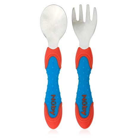 Nuby 2 Piece Stainless Steel Utensil, Red/Blue