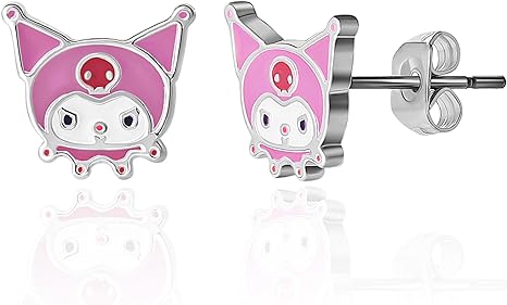 Sanrio Womens Hello Kitty, Kuromi and Friends Stud Earrings - Silver Plated and Enamel Sanrio Earrings Official License
