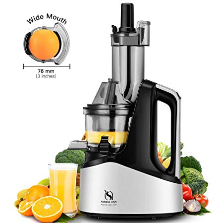 Juicer Masticating Slow Juicer Extractor, Natalie Styx Wide Chute Juice Cold Press Juicer Machine for Fruits & Vegetables, Quiet Motor & Reverse Function, High Juice Yield and Easy to Clean, Silver